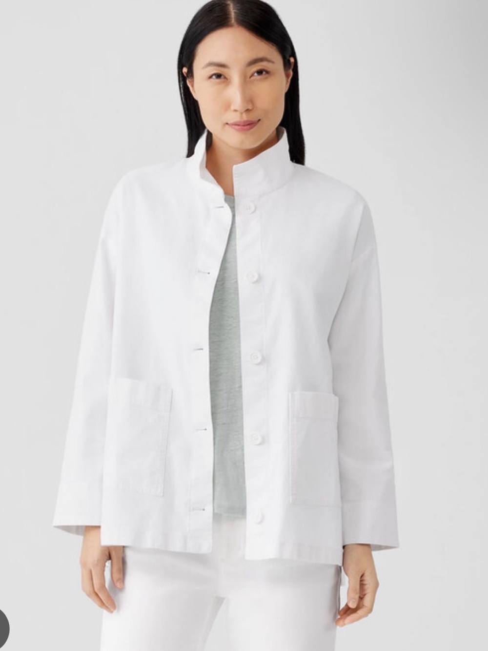 Eileen Fisher Cotton Hemp Stretch Stand White Stand-Collar Button Jacket NEW XL
